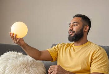 A man sitting on a couch holding a glowing yellow sphere.