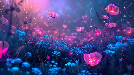 Fototapeta na wymiar Neon Bloom: Enchanted Floral Fantasia./n