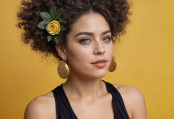 A woman with curly hair and a flower in her hair looks into the distance.