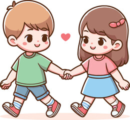 A boy and a girl walking and holding hands cartoon vector illustrations.