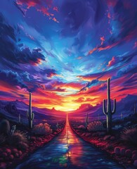 A painting of a desert landscape with a sunset in the background. The sky is filled with clouds and the sun is setting, creating a warm and peaceful atmosphere. The painting is full of vibrant colors - obrazy, fototapety, plakaty