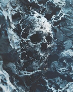 A skull with a lot of snow on it. The skull is surrounded by rocks and has a lot of branches coming out of it. Scene is eerie and cold