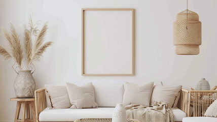 A mockup of an empty brown frame on the white wall in boho style living room.