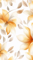 Fototapeta na wymiar Tan flower petals and leaves on white background seamless watercolor pattern spring floral backdrop
