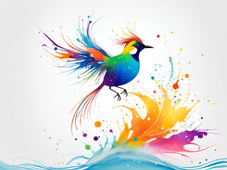 Obraz premium A bird composed of colored particles and lines, bird of paradise posing in various postures in colorful water, and an abstract painting composed of colored line backgrounds