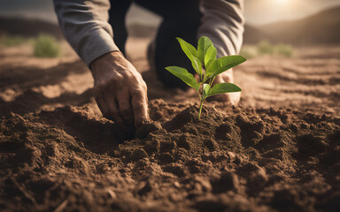 Person planting a small tree in barren soil, hands dirty, metaphor for growth and environmental...
