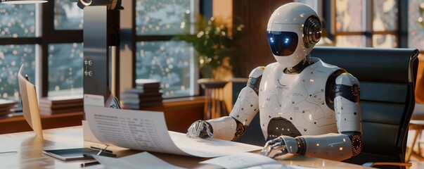 A.I. Artificial Intelligence replacing human at office work job with a AI robot working at a desk in an office with document with AI letters written on it