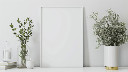 mockup of blank poster frame on white wall.