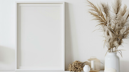 mockup of blank poster frame on white wall.