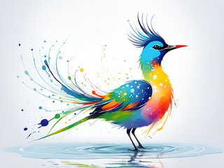 Obraz premium A bird composed of colored particles and lines, bird of paradise posing in various postures in colorful water, and an abstract painting composed of colored line backgrounds