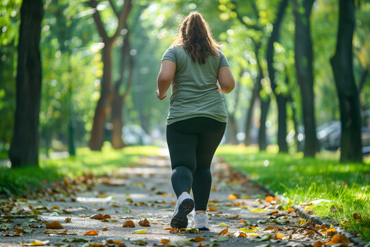 A plump woman exercises by running on the street in the park to lose the weight