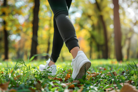 Closeup legs of a woman, exercising by walking in the park