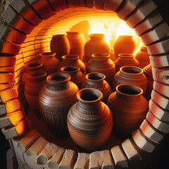 Freshly created pots placed in kiln for firing
