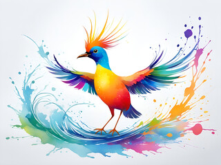 Obraz premium A bird composed of colored particles and lines, bird of paradise posing in various postures in colorful water, and an abstract painting composed of colored line backgrounds