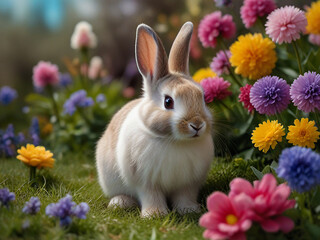 Easter greeting card, fluffy rabbit with flowers. Generative Ai.
