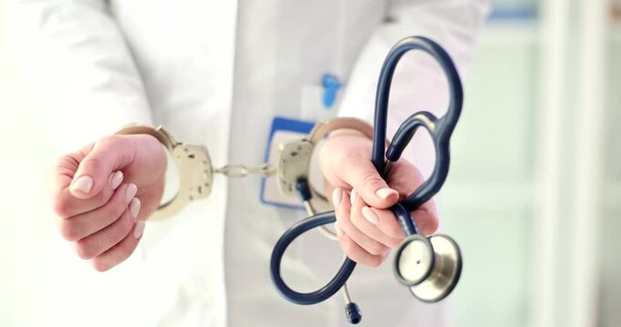 The medic in handcuffs holds a stethoscope, hands close-up. Concept arrest of medical personnel, error doctor