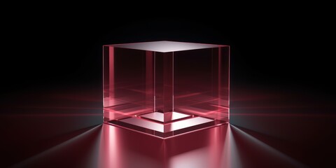 Maroon glass cube abstract 3d render, on black background with copy space minimalism design for text or photo backdrop 
