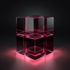 Maroon glass cube abstract 3d render, on black background with copy space minimalism design for text or photo backdrop 