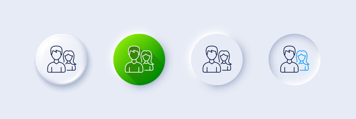 Group line icon. Neumorphic, Green gradient, 3d pin buttons. Users or Teamwork sign. Male and Female Person silhouette symbol. Line icons. Neumorphic buttons with outline signs. Vector