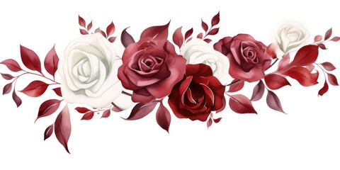 Maroon roses watercolor clipart on white background, defined edges floral flower pattern background with copy space for design text or photo backdrop minimalistic 