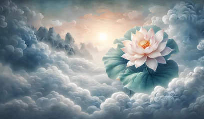 Foto op Canvas Pink Lotus above the cloud, lotus on the sky, paradise Chinese style © Makkraw