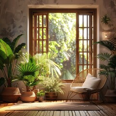 Cozy interior of a room with potted plants in front of an open window creating a peaceful and natural ambiance