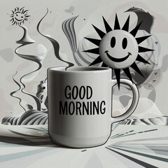 A minimalist and surreal modern art meme with a digital illustration of a coffee mug and a smiley face sun. The text "Good Morning"/ Generative AI