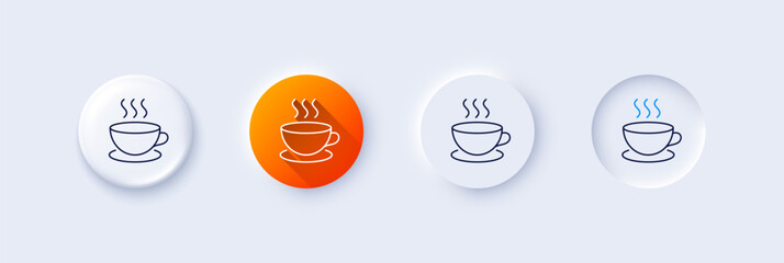 Coffee drink line icon. Neumorphic, Orange gradient, 3d pin buttons. Hot cup sign. Fresh beverage symbol. Line icons. Neumorphic buttons with outline signs. Vector