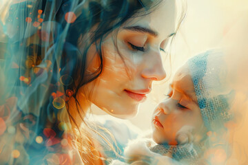 Digital painting of the emotive close-up of a mother gently cradling her newborn with soft lighting highlighting their faces, emphasizing the intimate bond.