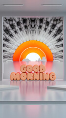 A minimalist and surreal modern art meme with a digital illustration of a coffee mug and a smiley face sun. The text "Good Morning"/ Generative AI