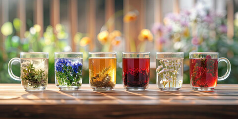 Variety of tea drinks in glass mugs on wooden table with flowers in background, selective focus