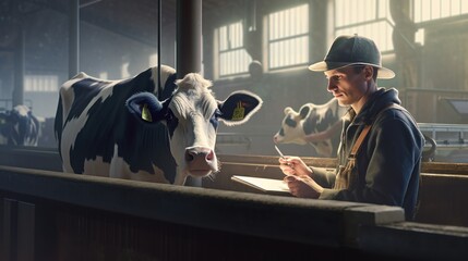 dairy farm with touchpad touching one of cows while