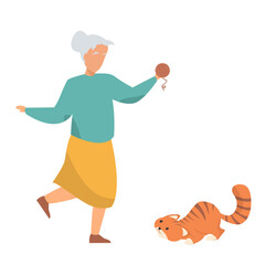 old lady playing with her cat