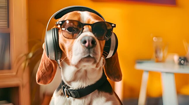 dog with glasses and headset in the room