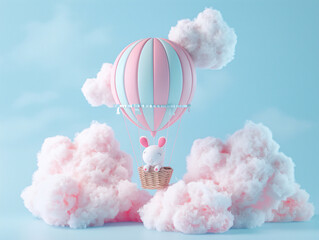 A microscopic hot air balloon is cradled in cotton clouds
