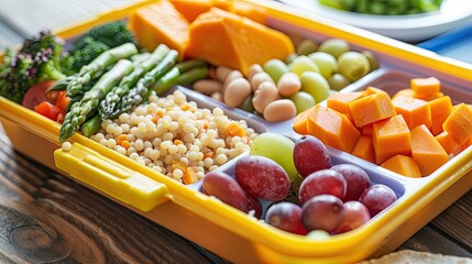 Healthy food in lunch box on wooden table