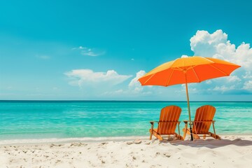 Beach chairs and umbrella on the beach	