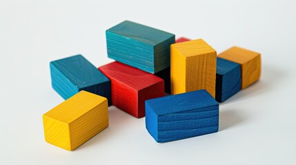 Colorful wooden building blocks isolated on white background.