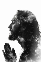 A man with long hair is praying in a double silhouette exposure with white background
