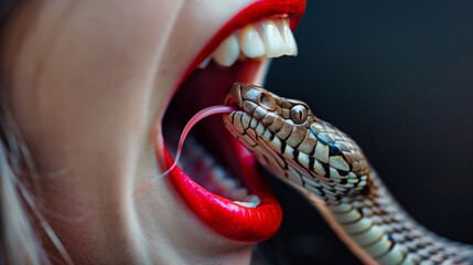 A woman with a snake in her mouth