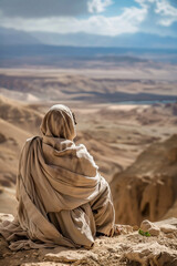 A man in a robe sits on a rocky hillside looking out over a desert landscape