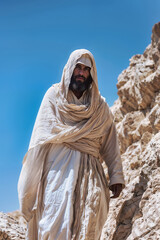 A man in a white robe descending among the rocks in the middle of the desert