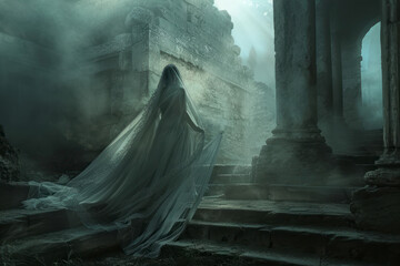 Ethereal Banshee, veiled in pale moonlight, drifts through ancient ruins, her presence evoking a sense of melancholy.