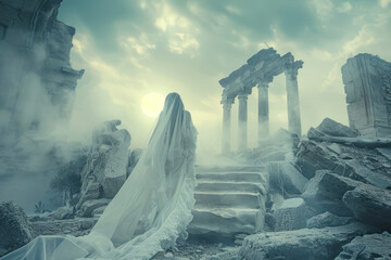 Ethereal Banshee, veiled in pale moonlight, drifts through ancient ruins, her presence evoking a sense of melancholy.