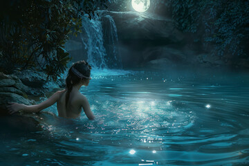 Nymph bathes in the moonlit waters of a secluded spring.