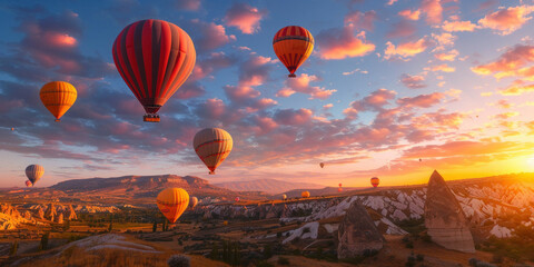 Obraz premium Colorful hot air balloons flying over Cappadocia valley at sunrise, Turkey, aerial view of picturesque landscape with mountains