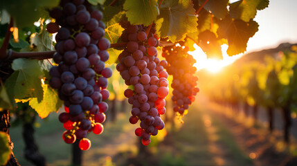 
Ripe bunches of grapes in vineyard in the sunset soft light