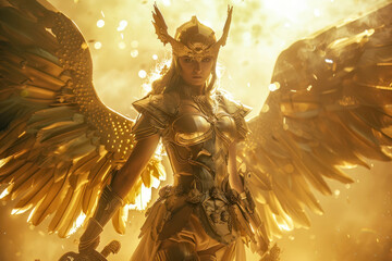 Noble Valkyrie, warrior of the skies, descends from the heavens to collect fallen heroes. - obrazy, fototapety, plakaty