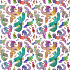 Kaleidoscopic multicolored flashy fictional birds in seamless pattern. Colorful birds and feathers on white backdrop in attractive surface art design.