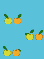 Yellow and orange apples with leaves isolated on a blue background. Seamless pattern. Flat design. Background for paper, cover, textile, dishes, interior decor.